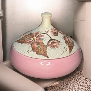 MCM Ceramic Rowena Signed Lidded Candy Dish Vanity Bowl- Pink Brown Floral